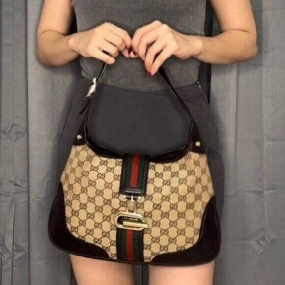 GUCCI GG Jackie Sherry Web Canvas Handbag Shoulder Bag Charm Ophidia - Picture 2 of 13